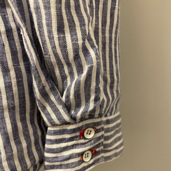 Sigrid Olsen Striped Linen Button Down Shirt with Red Detail, Large - Picture 6 of 9